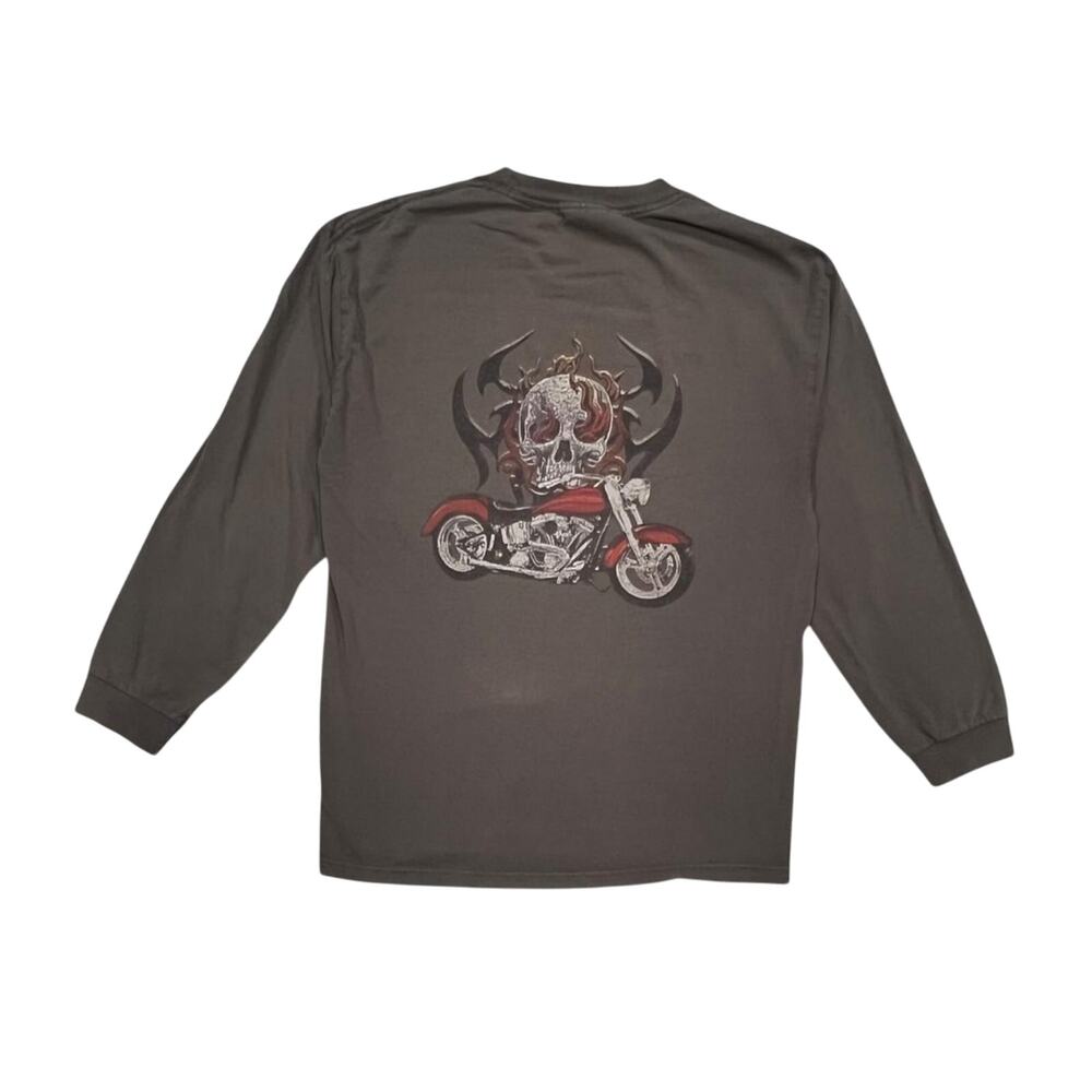 ★ Vintage Graphic Biker Long Sleeve Shirt w/ Skull & Motorcycle Design ★